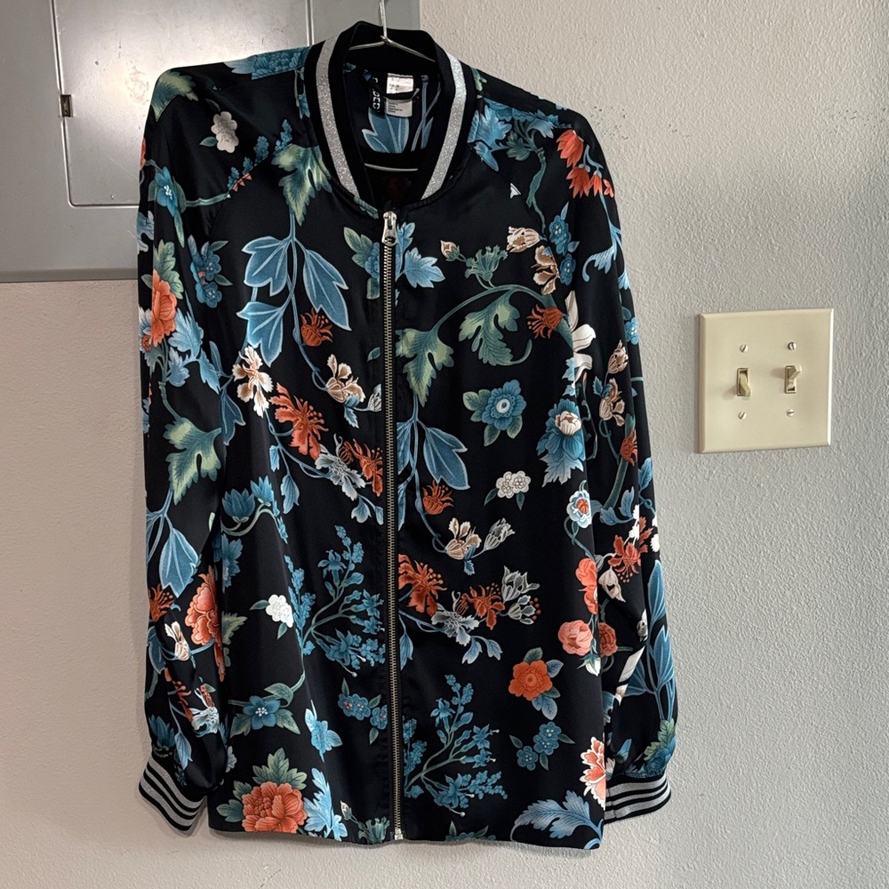 H&M Black Floral Bomber Jacket with Teal & Coral Flowers